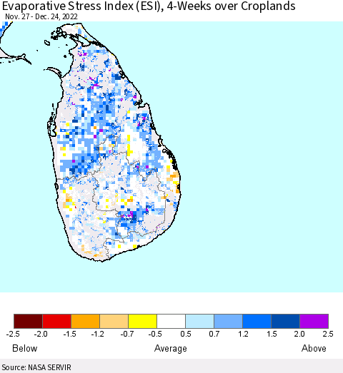 Sri Lanka Evaporative Stress Index (ESI), 4-Weeks over Croplands Thematic Map For 12/19/2022 - 12/25/2022