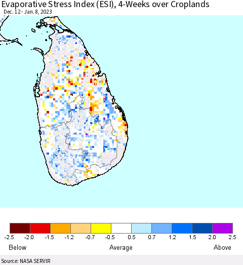 Sri Lanka Evaporative Stress Index (ESI), 4-Weeks over Croplands Thematic Map For 1/2/2023 - 1/8/2023