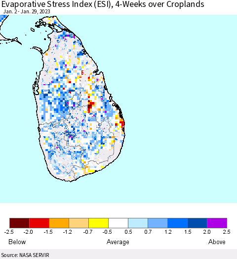 Sri Lanka Evaporative Stress Index (ESI), 4-Weeks over Croplands Thematic Map For 1/23/2023 - 1/29/2023