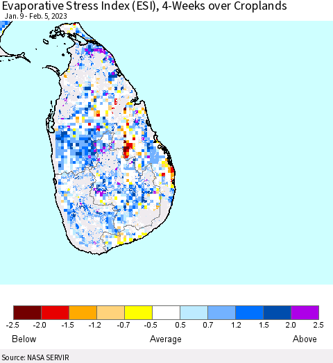 Sri Lanka Evaporative Stress Index (ESI), 4-Weeks over Croplands Thematic Map For 1/30/2023 - 2/5/2023