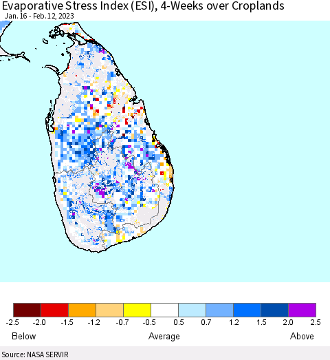 Sri Lanka Evaporative Stress Index (ESI), 4-Weeks over Croplands Thematic Map For 2/6/2023 - 2/12/2023