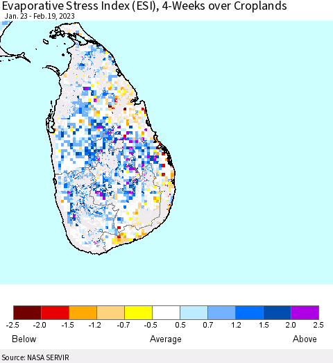 Sri Lanka Evaporative Stress Index (ESI), 4-Weeks over Croplands Thematic Map For 2/13/2023 - 2/19/2023