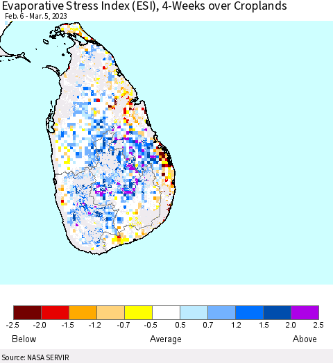 Sri Lanka Evaporative Stress Index (ESI), 4-Weeks over Croplands Thematic Map For 2/27/2023 - 3/5/2023