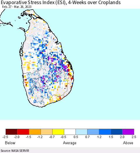 Sri Lanka Evaporative Stress Index (ESI), 4-Weeks over Croplands Thematic Map For 3/20/2023 - 3/26/2023
