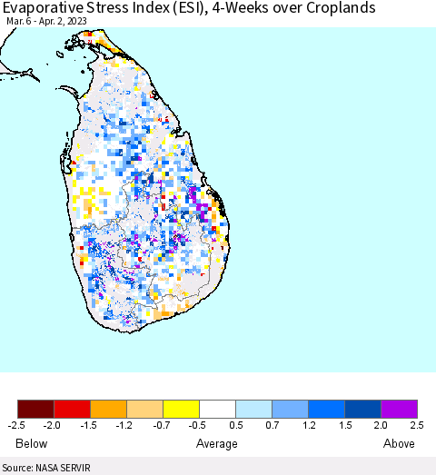 Sri Lanka Evaporative Stress Index (ESI), 4-Weeks over Croplands Thematic Map For 3/27/2023 - 4/2/2023
