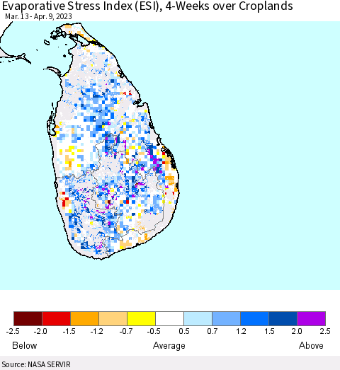 Sri Lanka Evaporative Stress Index (ESI), 4-Weeks over Croplands Thematic Map For 4/3/2023 - 4/9/2023