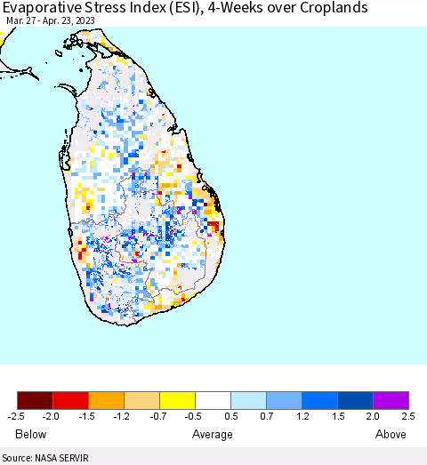 Sri Lanka Evaporative Stress Index (ESI), 4-Weeks over Croplands Thematic Map For 4/17/2023 - 4/23/2023