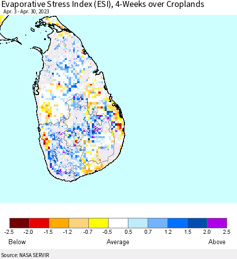 Sri Lanka Evaporative Stress Index (ESI), 4-Weeks over Croplands Thematic Map For 4/24/2023 - 4/30/2023