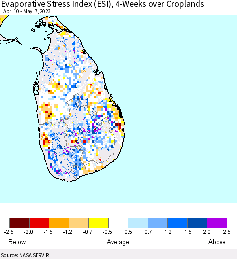 Sri Lanka Evaporative Stress Index (ESI), 4-Weeks over Croplands Thematic Map For 5/1/2023 - 5/7/2023