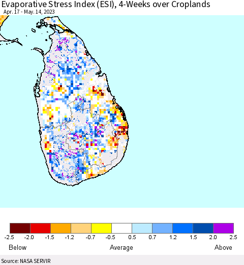 Sri Lanka Evaporative Stress Index (ESI), 4-Weeks over Croplands Thematic Map For 5/8/2023 - 5/14/2023