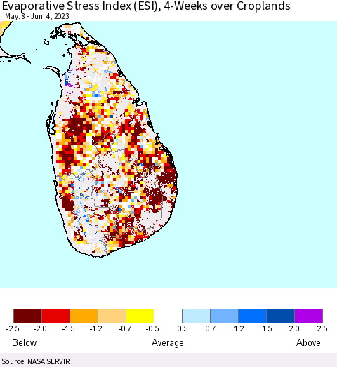 Sri Lanka Evaporative Stress Index (ESI), 4-Weeks over Croplands Thematic Map For 5/29/2023 - 6/4/2023
