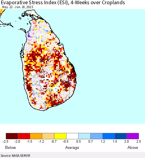 Sri Lanka Evaporative Stress Index (ESI), 4-Weeks over Croplands Thematic Map For 6/12/2023 - 6/18/2023