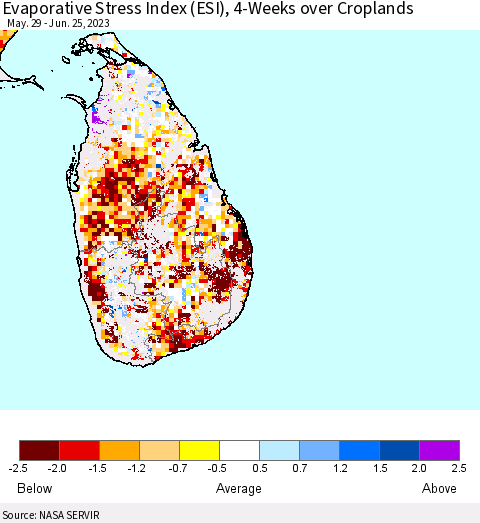 Sri Lanka Evaporative Stress Index (ESI), 4-Weeks over Croplands Thematic Map For 6/19/2023 - 6/25/2023