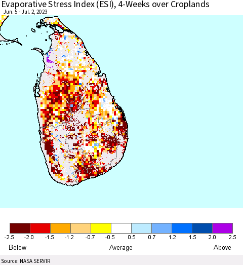 Sri Lanka Evaporative Stress Index (ESI), 4-Weeks over Croplands Thematic Map For 6/26/2023 - 7/2/2023