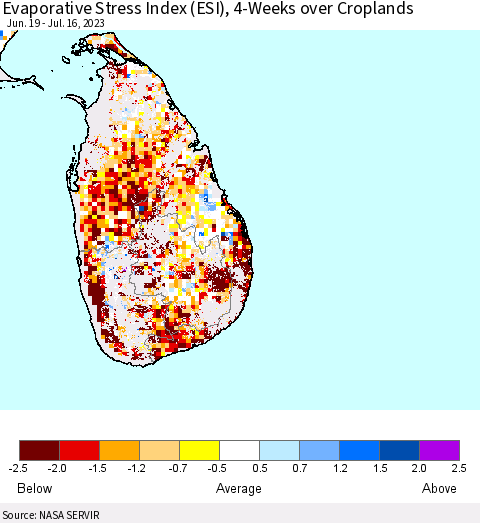 Sri Lanka Evaporative Stress Index (ESI), 4-Weeks over Croplands Thematic Map For 7/10/2023 - 7/16/2023