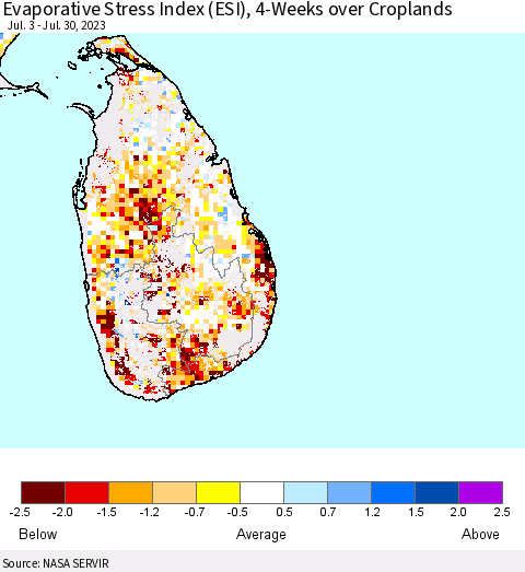 Sri Lanka Evaporative Stress Index (ESI), 4-Weeks over Croplands Thematic Map For 7/24/2023 - 7/30/2023