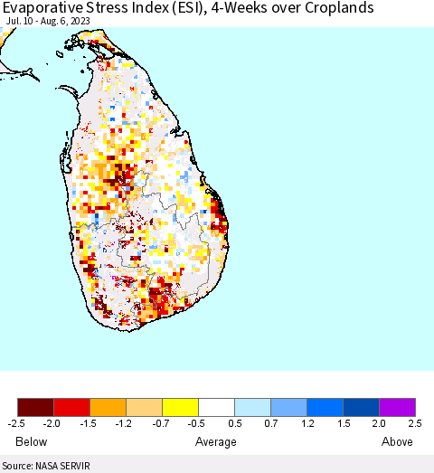 Sri Lanka Evaporative Stress Index (ESI), 4-Weeks over Croplands Thematic Map For 7/31/2023 - 8/6/2023