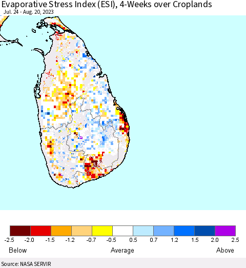 Sri Lanka Evaporative Stress Index (ESI), 4-Weeks over Croplands Thematic Map For 8/14/2023 - 8/20/2023