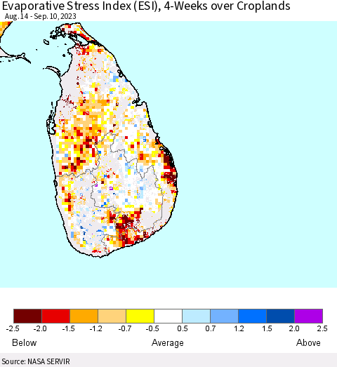 Sri Lanka Evaporative Stress Index (ESI), 4-Weeks over Croplands Thematic Map For 9/4/2023 - 9/10/2023