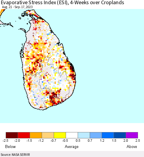 Sri Lanka Evaporative Stress Index (ESI), 4-Weeks over Croplands Thematic Map For 9/11/2023 - 9/17/2023