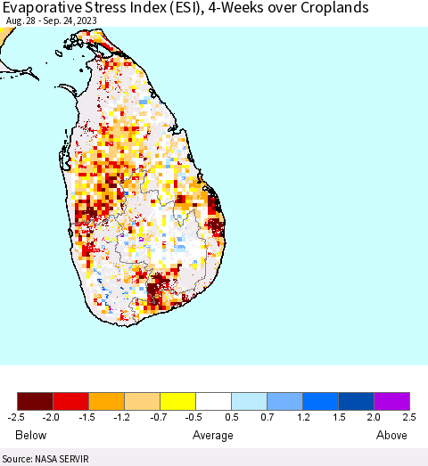 Sri Lanka Evaporative Stress Index (ESI), 4-Weeks over Croplands Thematic Map For 9/18/2023 - 9/24/2023
