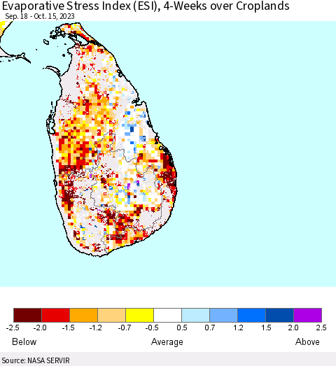 Sri Lanka Evaporative Stress Index (ESI), 4-Weeks over Croplands Thematic Map For 10/9/2023 - 10/15/2023