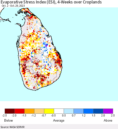 Sri Lanka Evaporative Stress Index (ESI), 4-Weeks over Croplands Thematic Map For 10/23/2023 - 10/29/2023