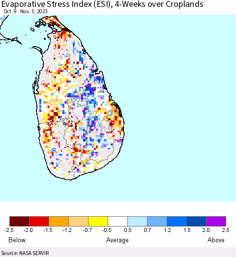 Sri Lanka Evaporative Stress Index (ESI), 4-Weeks over Croplands Thematic Map For 10/30/2023 - 11/5/2023