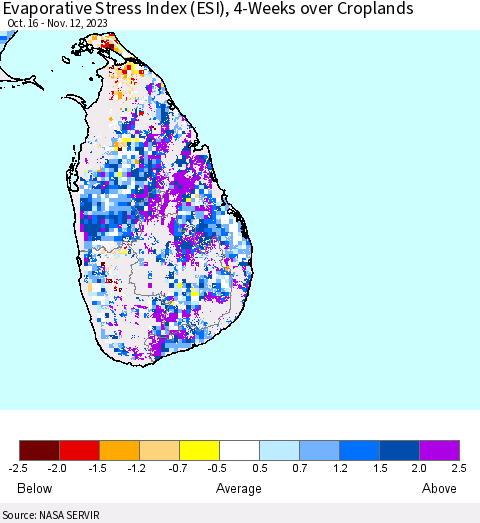 Sri Lanka Evaporative Stress Index (ESI), 4-Weeks over Croplands Thematic Map For 11/6/2023 - 11/12/2023