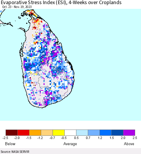 Sri Lanka Evaporative Stress Index (ESI), 4-Weeks over Croplands Thematic Map For 11/13/2023 - 11/19/2023
