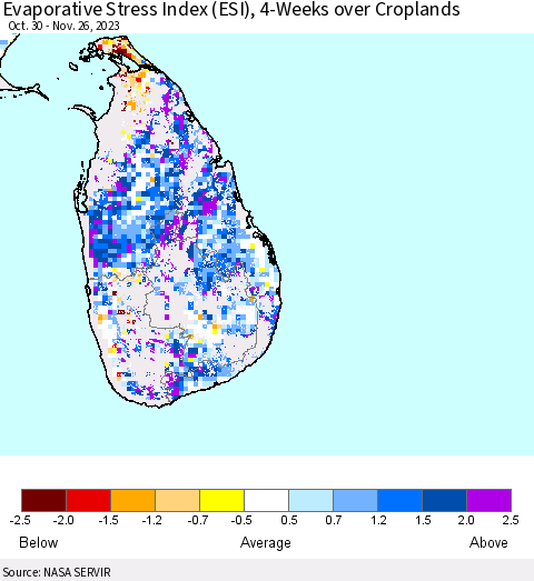 Sri Lanka Evaporative Stress Index (ESI), 4-Weeks over Croplands Thematic Map For 11/20/2023 - 11/26/2023