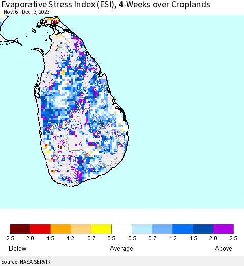 Sri Lanka Evaporative Stress Index (ESI), 4-Weeks over Croplands Thematic Map For 11/27/2023 - 12/3/2023