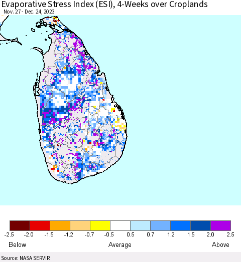 Sri Lanka Evaporative Stress Index (ESI), 4-Weeks over Croplands Thematic Map For 12/18/2023 - 12/24/2023