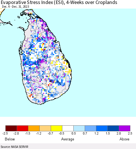 Sri Lanka Evaporative Stress Index (ESI), 4-Weeks over Croplands Thematic Map For 12/25/2023 - 12/31/2023