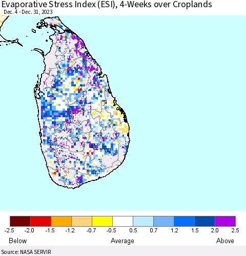 Sri Lanka Evaporative Stress Index (ESI), 4-Weeks over Croplands Thematic Map For 1/1/2024 - 1/7/2024