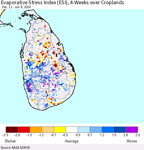 Sri Lanka Evaporative Stress Index (ESI), 4-Weeks over Croplands Thematic Map For 1/8/2024 - 1/14/2024