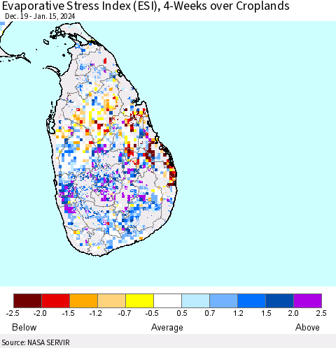 Sri Lanka Evaporative Stress Index (ESI), 4-Weeks over Croplands Thematic Map For 1/15/2024 - 1/21/2024