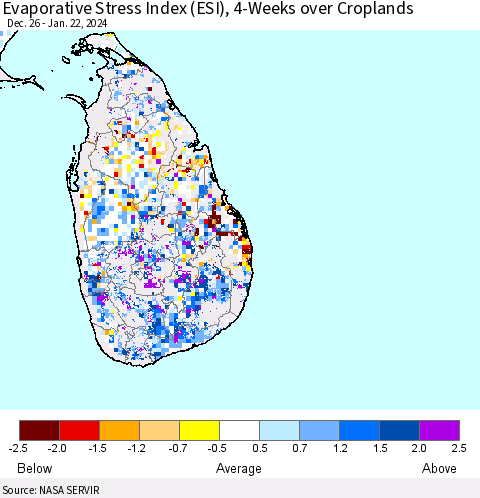 Sri Lanka Evaporative Stress Index (ESI), 4-Weeks over Croplands Thematic Map For 1/22/2024 - 1/28/2024