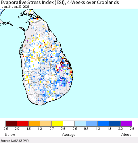 Sri Lanka Evaporative Stress Index (ESI), 4-Weeks over Croplands Thematic Map For 1/29/2024 - 2/4/2024