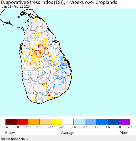 Sri Lanka Evaporative Stress Index (ESI), 4-Weeks over Croplands Thematic Map For 2/12/2024 - 2/18/2024