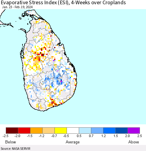 Sri Lanka Evaporative Stress Index (ESI), 4-Weeks over Croplands Thematic Map For 2/19/2024 - 2/25/2024