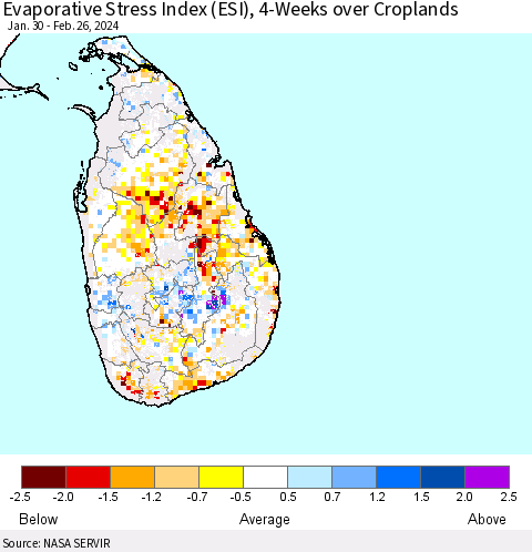 Sri Lanka Evaporative Stress Index (ESI), 4-Weeks over Croplands Thematic Map For 2/26/2024 - 3/3/2024