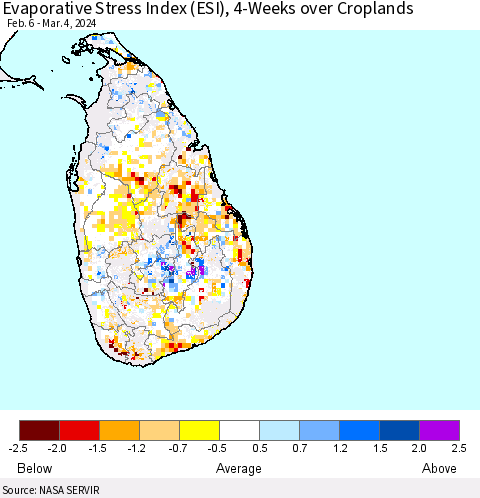 Sri Lanka Evaporative Stress Index (ESI), 4-Weeks over Croplands Thematic Map For 3/4/2024 - 3/10/2024