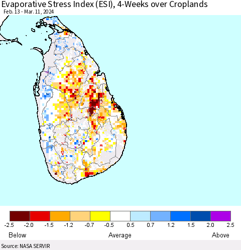 Sri Lanka Evaporative Stress Index (ESI), 4-Weeks over Croplands Thematic Map For 3/11/2024 - 3/17/2024