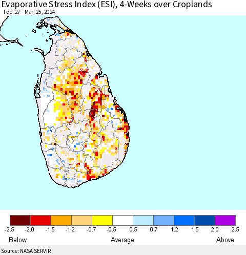 Sri Lanka Evaporative Stress Index (ESI), 4-Weeks over Croplands Thematic Map For 3/25/2024 - 3/31/2024
