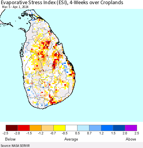 Sri Lanka Evaporative Stress Index (ESI), 4-Weeks over Croplands Thematic Map For 4/1/2024 - 4/7/2024