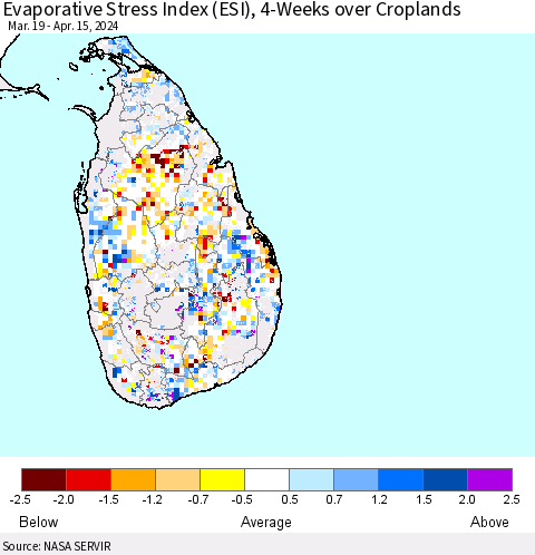 Sri Lanka Evaporative Stress Index (ESI), 4-Weeks over Croplands Thematic Map For 4/15/2024 - 4/21/2024