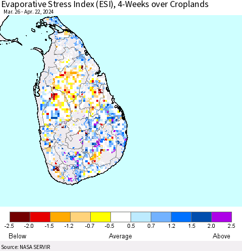 Sri Lanka Evaporative Stress Index (ESI), 4-Weeks over Croplands Thematic Map For 4/22/2024 - 4/28/2024