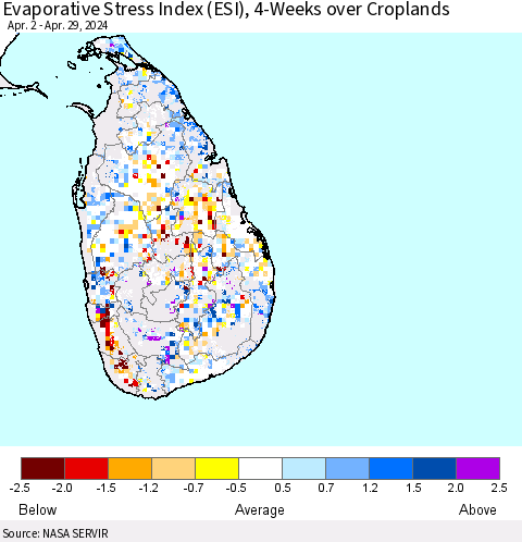 Sri Lanka Evaporative Stress Index (ESI), 4-Weeks over Croplands Thematic Map For 4/29/2024 - 5/5/2024