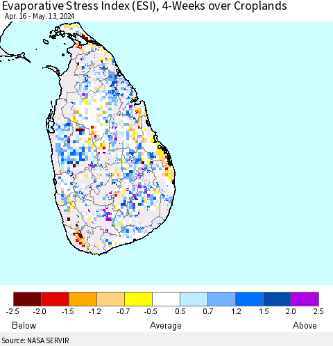 Sri Lanka Evaporative Stress Index (ESI), 4-Weeks over Croplands Thematic Map For 5/13/2024 - 5/19/2024